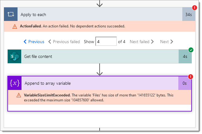 VariableSizeLimitExceeded. The variable 'Files' has size of more than '141655122' bytes. This exceeded the maximum size '104857600' allowed.