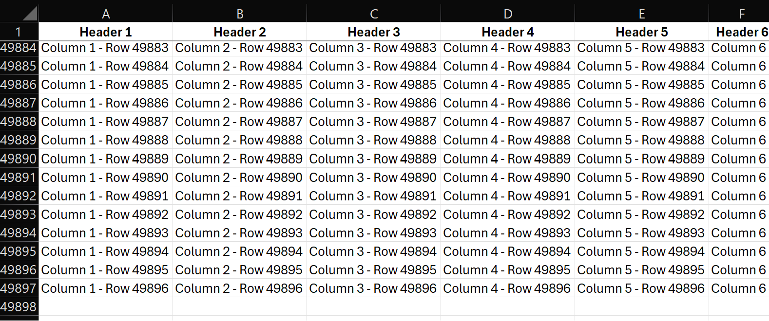 Screenshot of an Excel file used in a Power Automate tutorial, demonstrating process automation with bulk data handling. The Excel file contains dummy content, illustrating how large datasets are managed and automated in Power Automate for efficient process optimization.