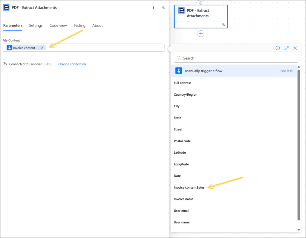 Add the Encodian PDF Extract Attachments action to the flow