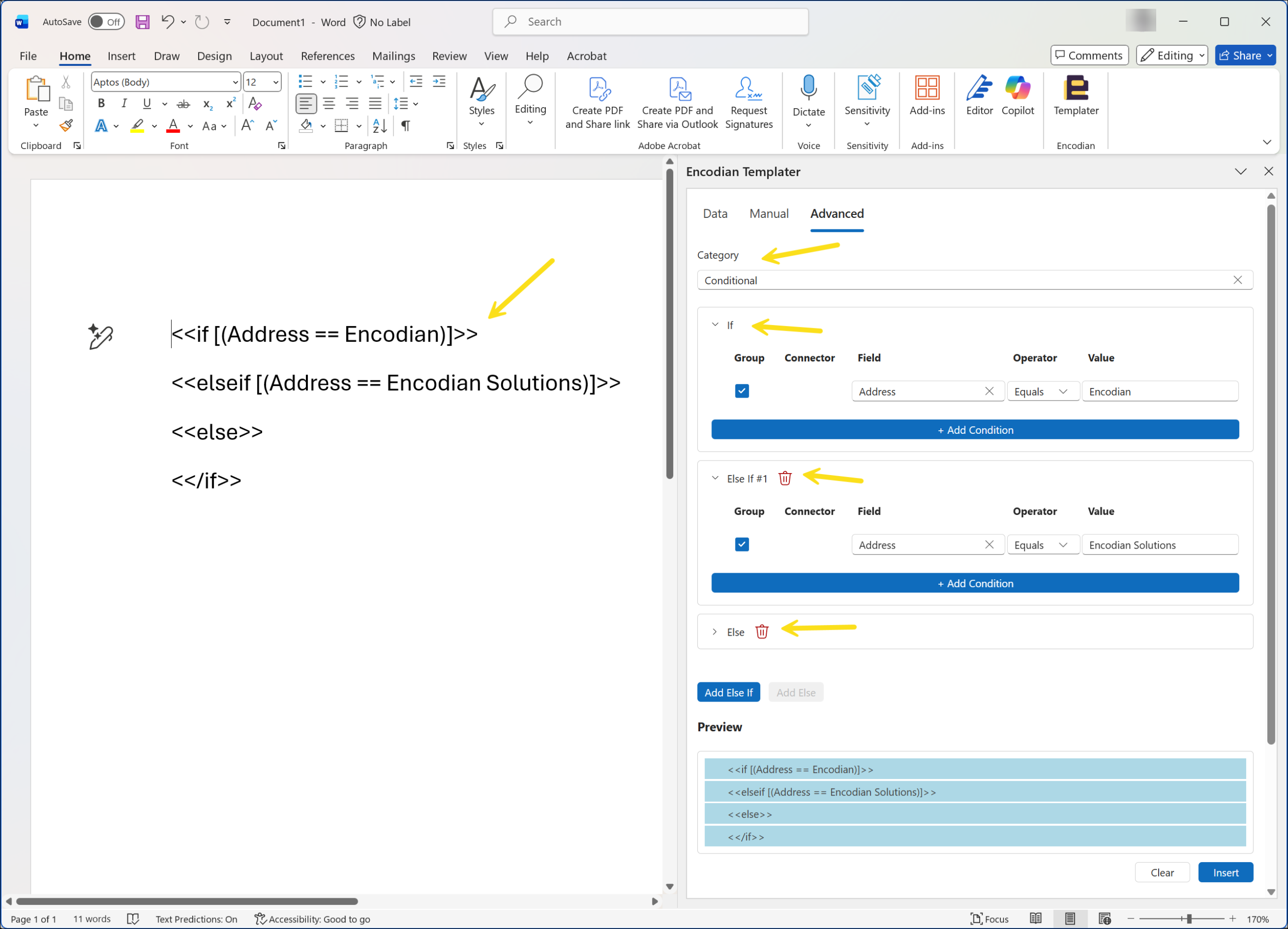 Building conditional logic for a Word template using the Encodian Templater Advanced tab