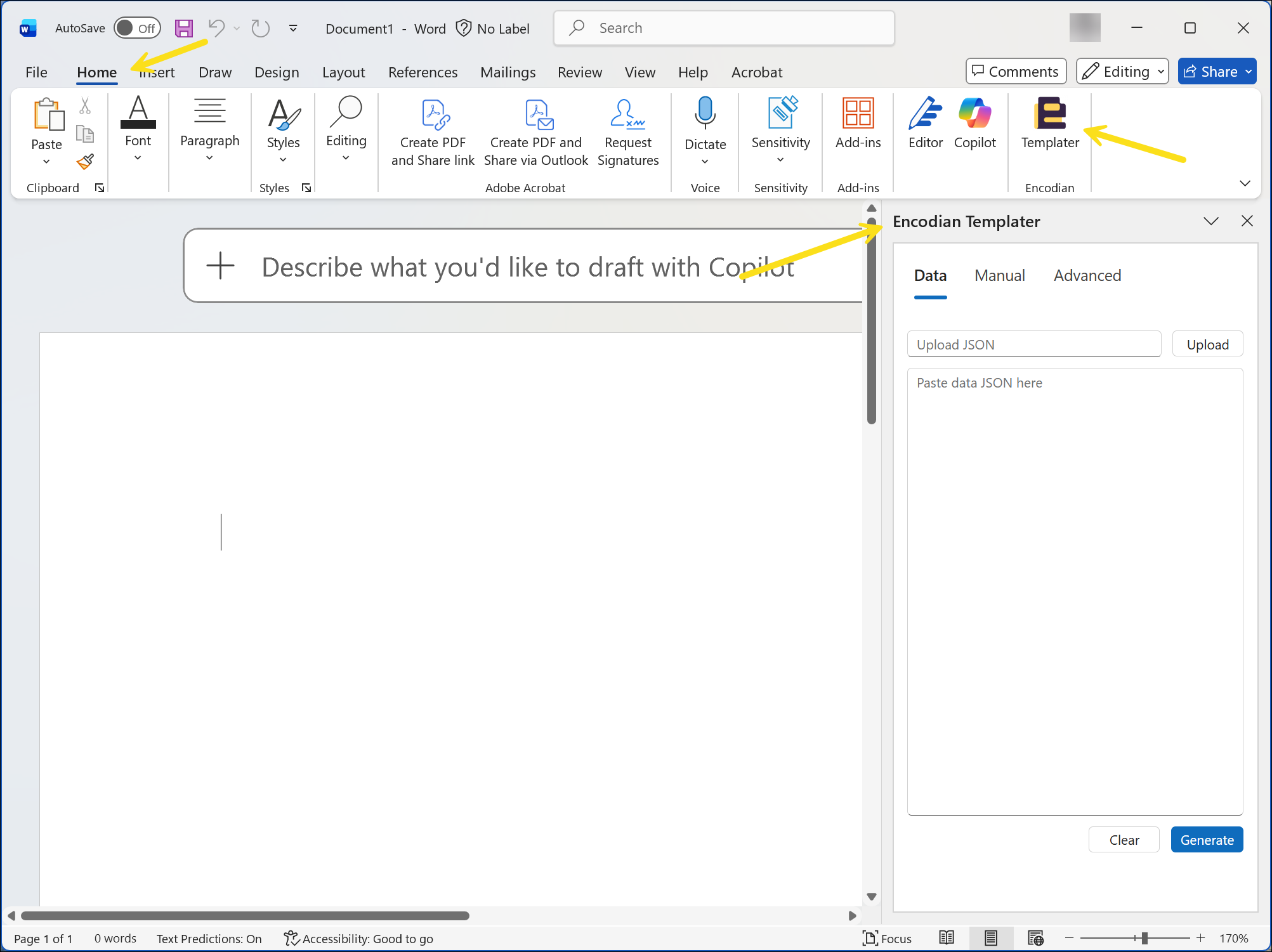 Encodian Templater Microsoft Word add-in open in Word with Data, Manual, and Advanced tabs visible