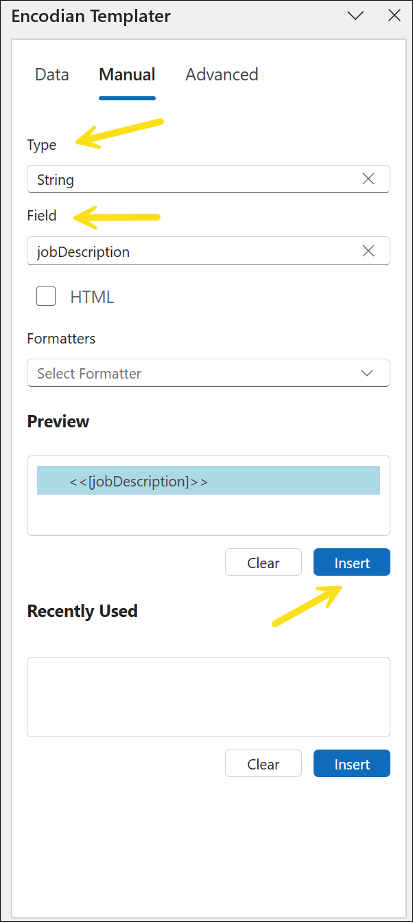 Creating custom Word – Populate fields manually in Encodian Templater with selected data types
