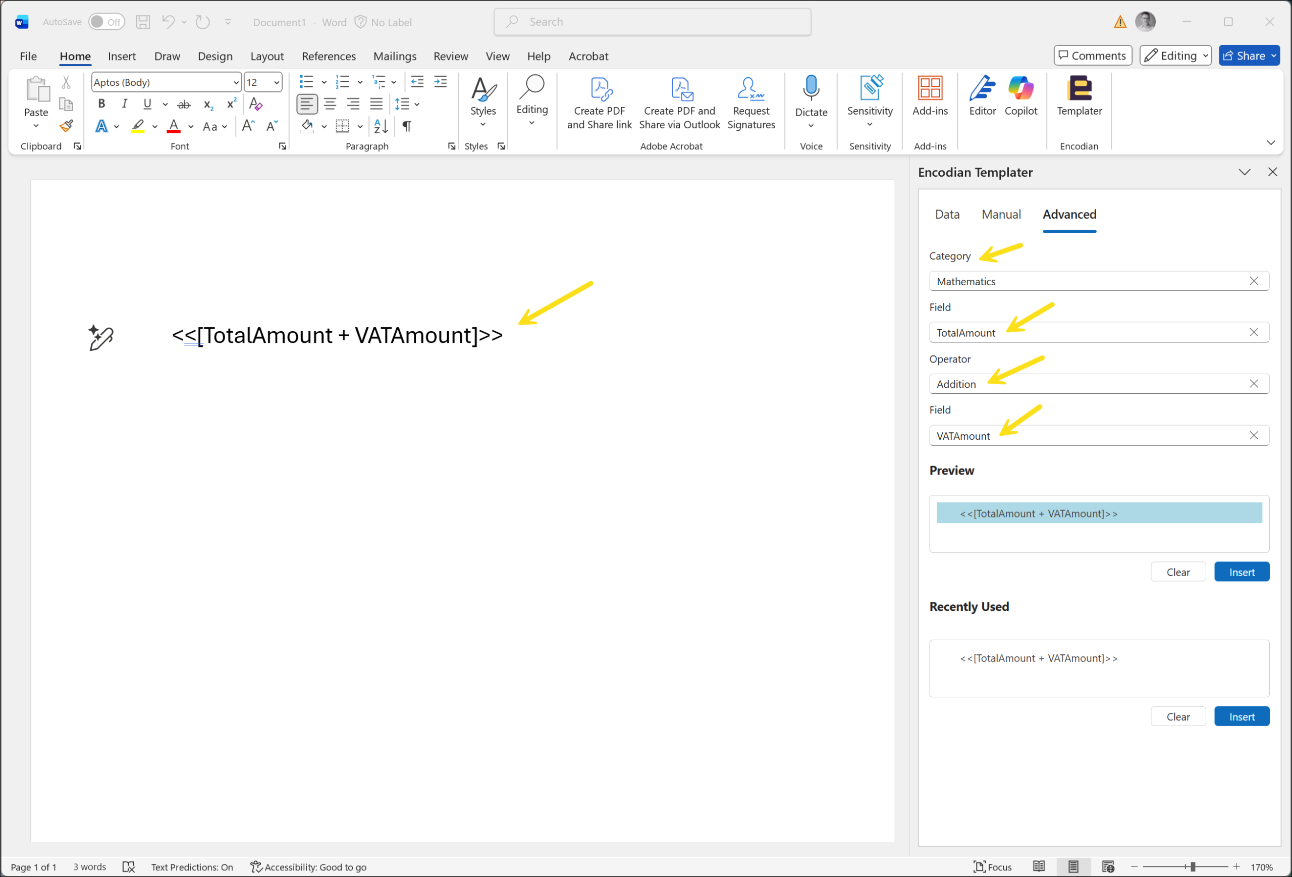 Creating arithmetic expressions for Word – Populate templates in Encodian Templater