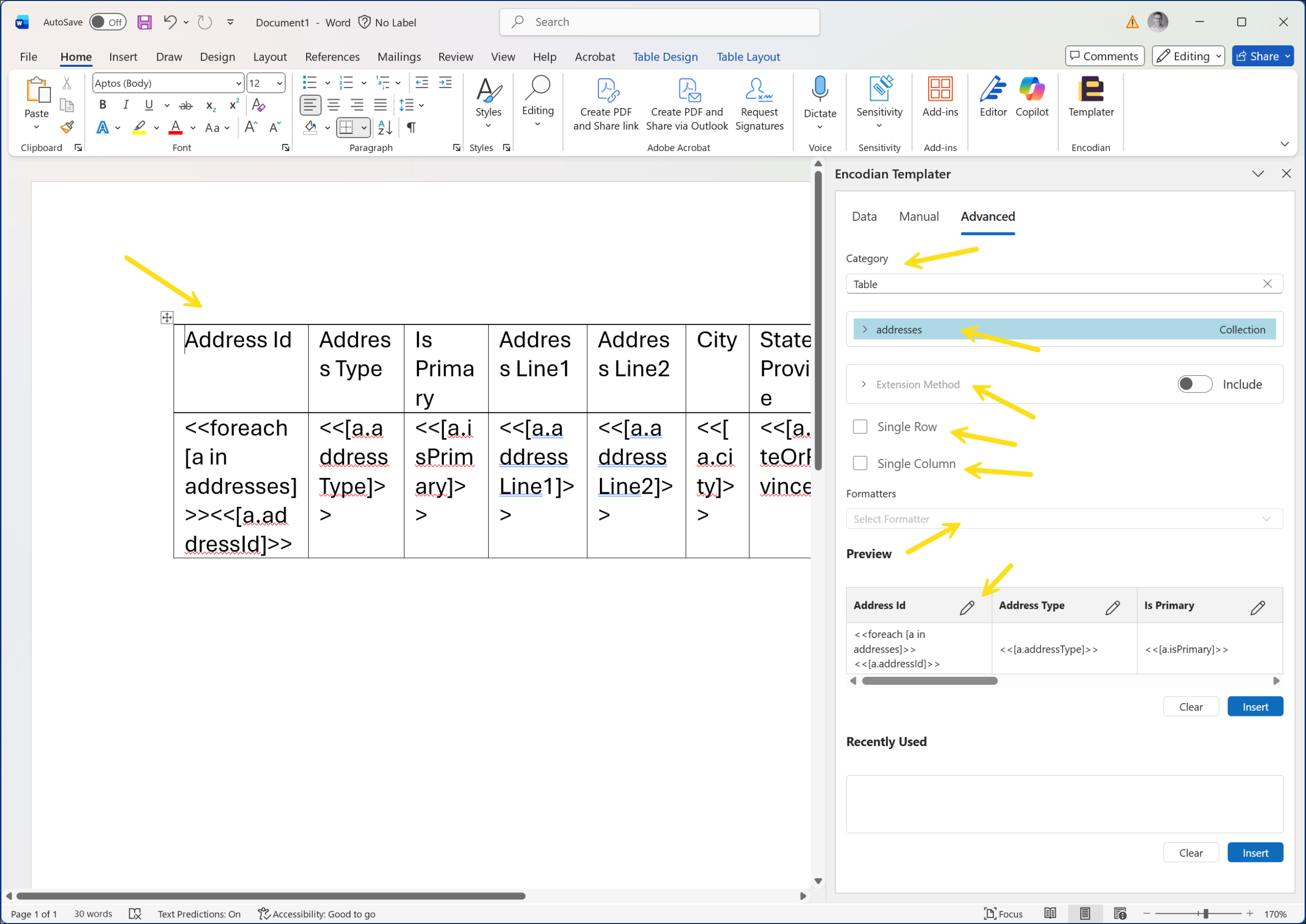 Generating table loops from JSON collections in Encodian Templater for Word – Populate