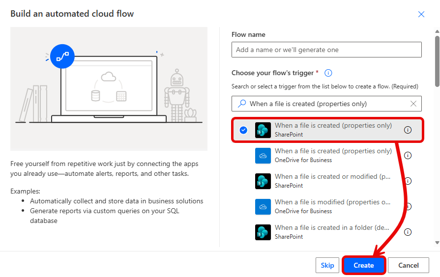 Create new automated cloud flow