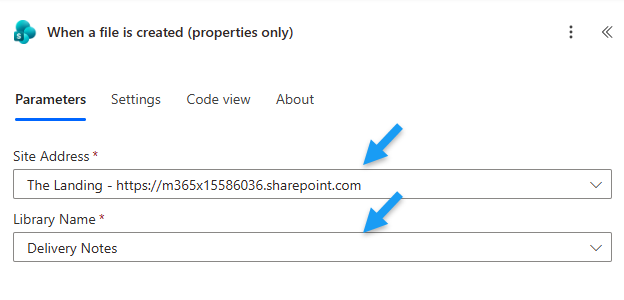 Configuration of the 'When a file is created in SharePoint' trigger action