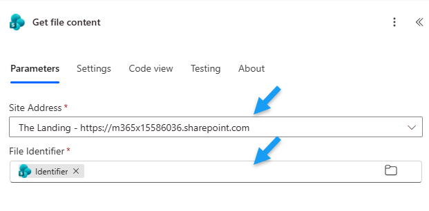 Configuration of the 'Get File Content' action