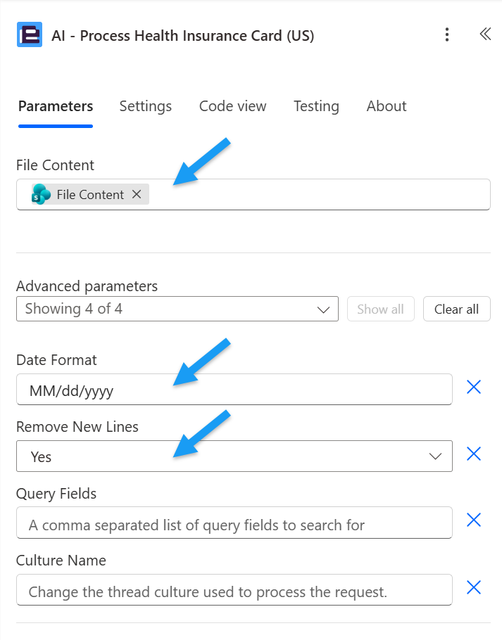 AI - Process Health Insurance Cars (US) action configuration