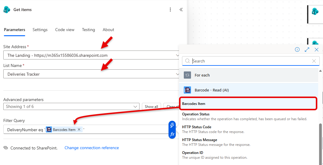 Get items action with the Filter Query set to DeliveryNumber eq '@{items('For_each_barcode')}'