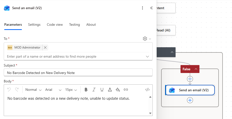 Send an email (V2) action with the subject and body notifying the chosen user that no barcode was detected.