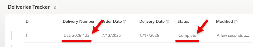 List item updated with Status column equal to 'Complete'