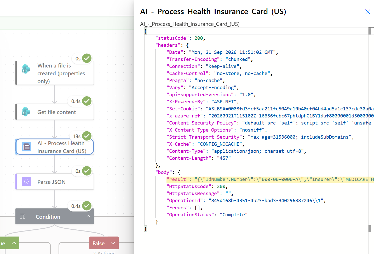 Result property from the AI - Process Health Insurance Card (US) output